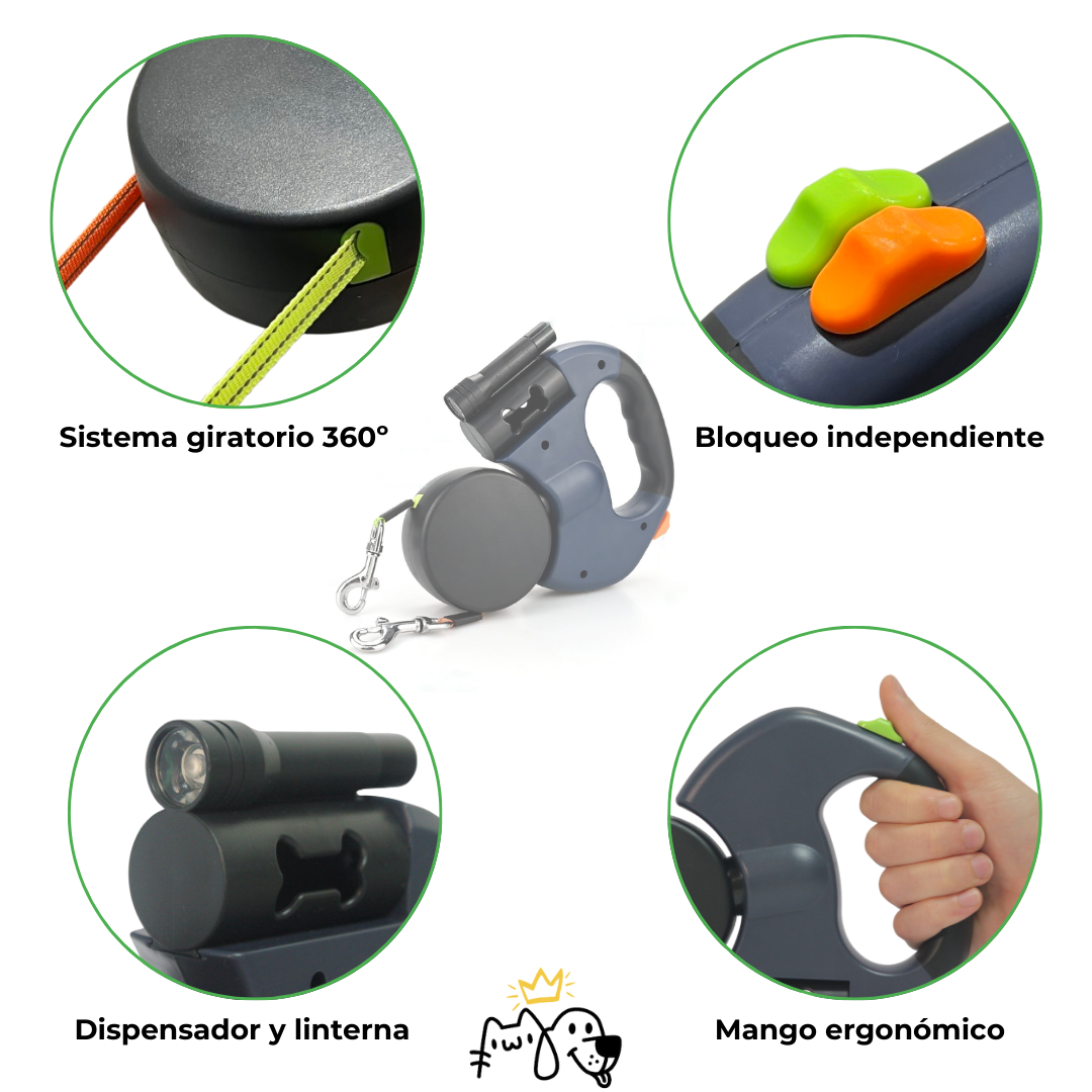 🐾 DuoWalk Pro – Correa Doble Antienredos Retráctil 🐾